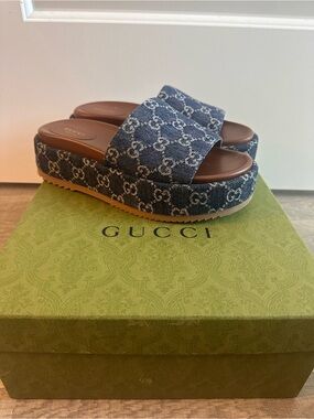 Gucci Denim GG Logo Angelina Platform Slide Sandals